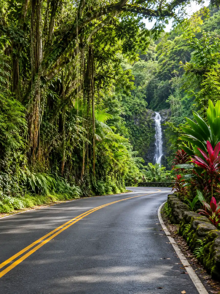 Una estrecha carretera de la jungla que serpentea entre árboles altos y una pequeña cascada en la Road to Hana