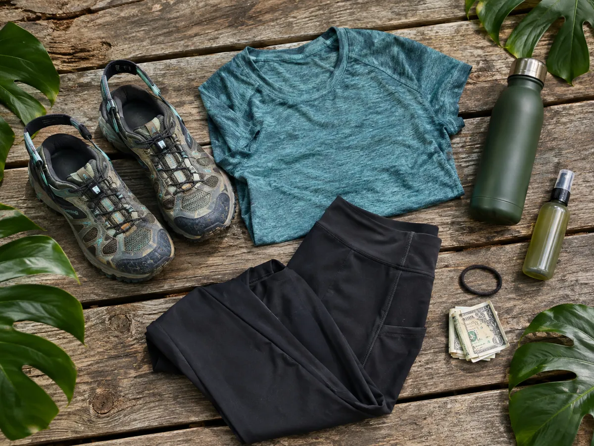 Zapatillas de senderismo cerradas, leggings, una camiseta, repelente de mosquitos y una botella de agua sobre una terraza